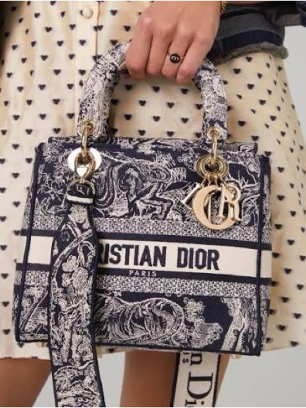 Dior Navy & Cream Lady Dior Medium Tote with Gold-Tone Charms
